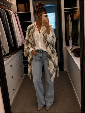 Plaid Fringe Poncho in Cream, Tan & Gray